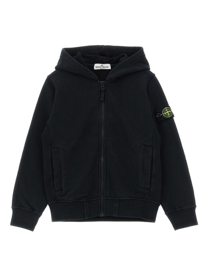 Stone Island Junior Felpa con cappuccio e zip con logo e stemma