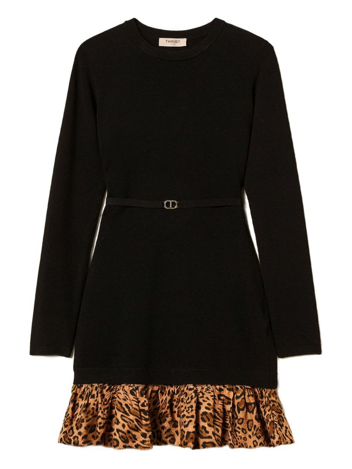 Twinset Abito nero con stampa animalier