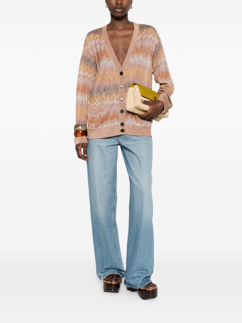 Cardigan con bottoni, scollo a V vestibilità ampia, fantasia geometrica