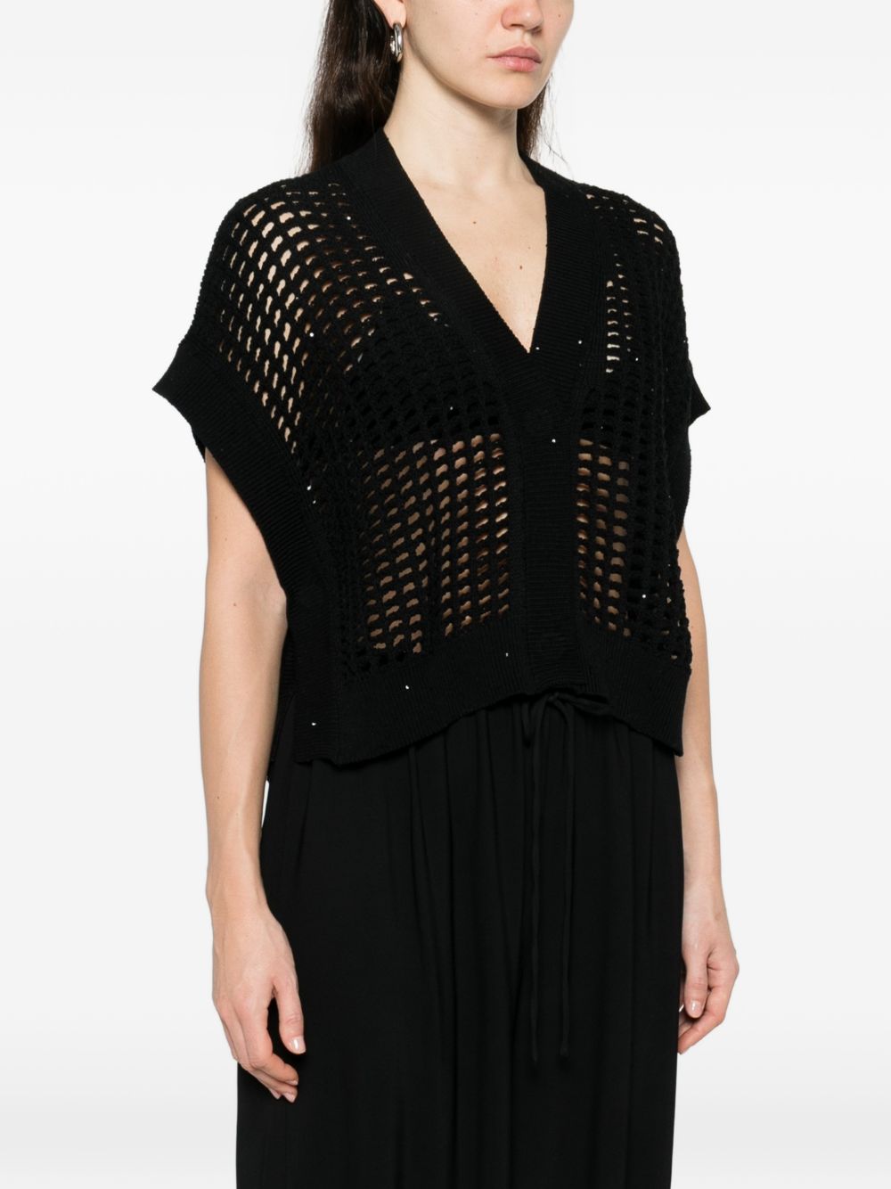 Gilet nero aperta con scollo a V e maniche corte