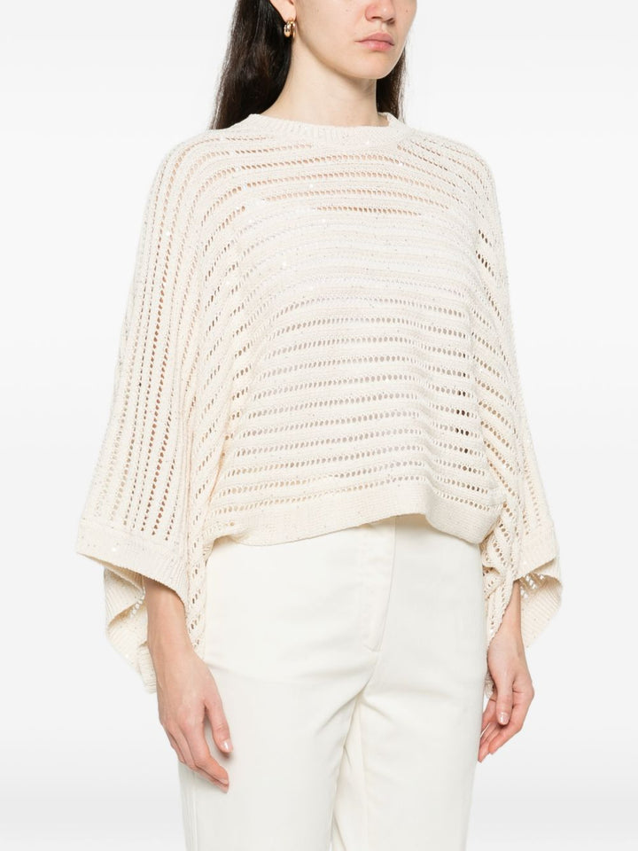 Maglione a maglia aperta, girocollo, maniche ampie, orlo a coste