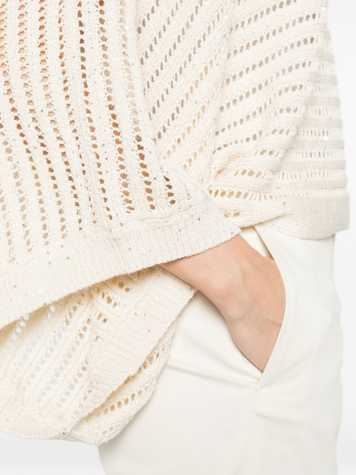 Maglione a maglia aperta, girocollo, maniche ampie, orlo a coste