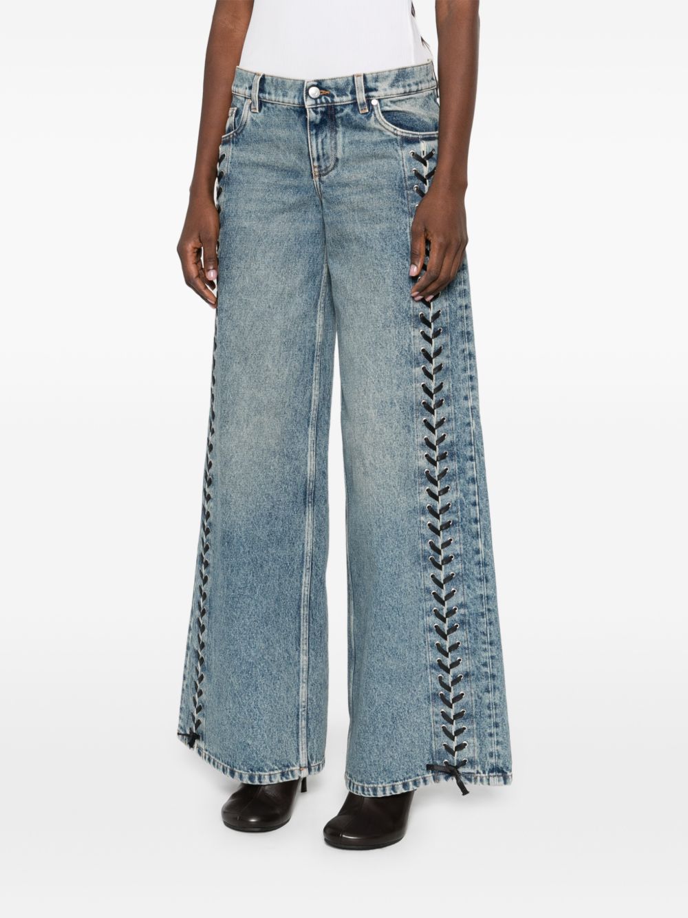 Jeans a cinque tasche con lacci blu sul fianco