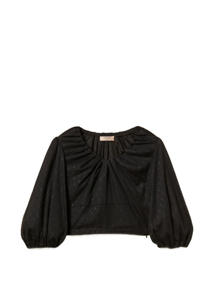 BLUSA MANICA LUNGA SCOLLO AMPIO IN TULLE E MUSSOLA
